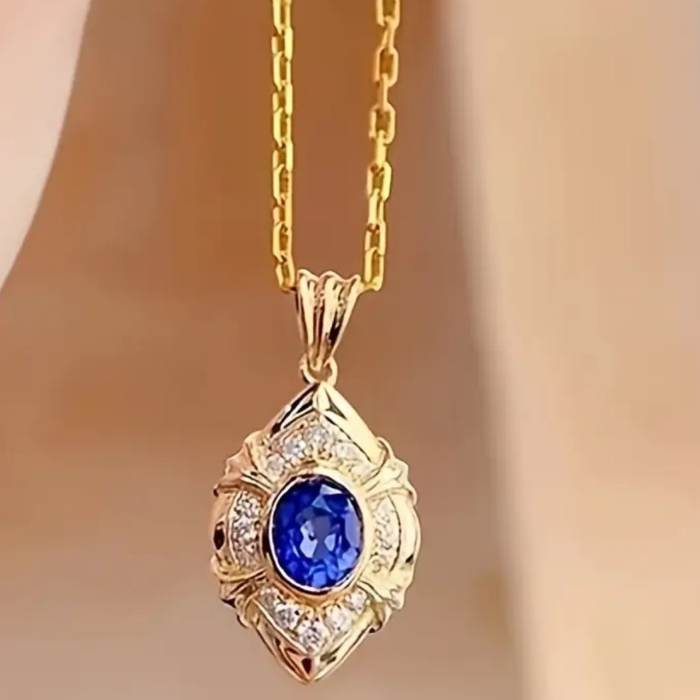Vintage Blue, Purple Synthetic Cubic Zirconia Pendant Necklace Gold Plated